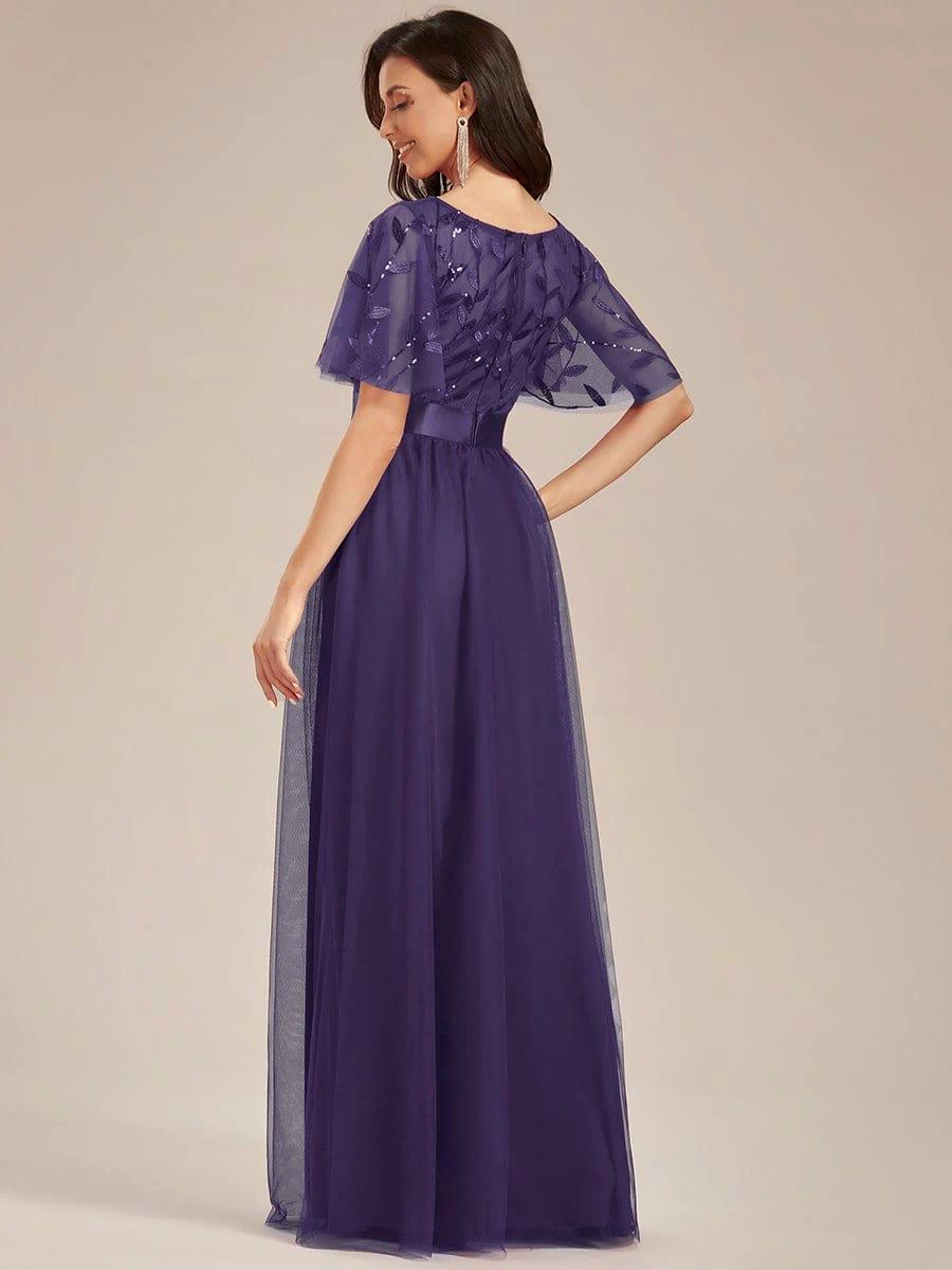 Women's A-Line Sequin Leaf Maxi Prom Dress with Sleeves #color_Dark Purple