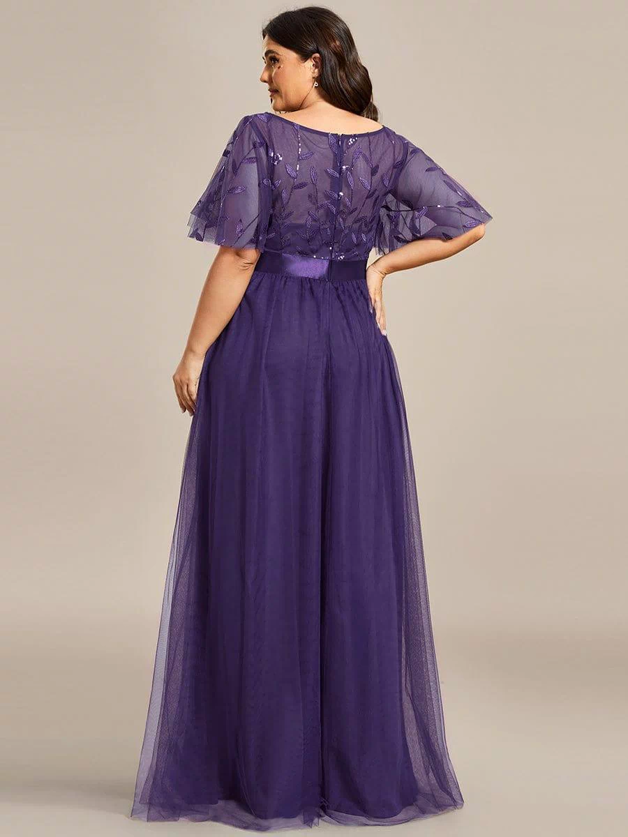 Women's A-Line Sequin Leaf Maxi Prom Dress with Sleeves #color_Dark Purple