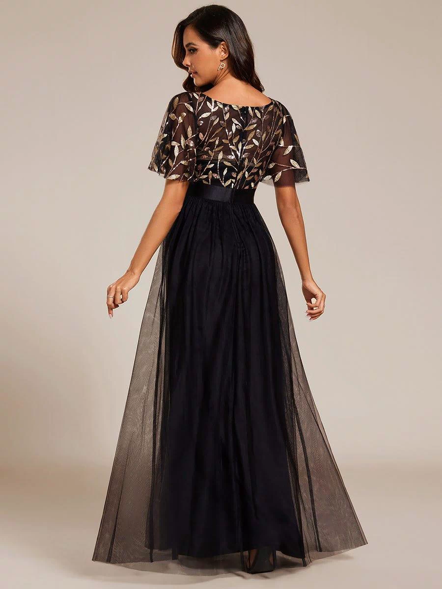 Women's A-Line Sequin Leaf Maxi Prom Dress with Sleeves #color_Black & Gold