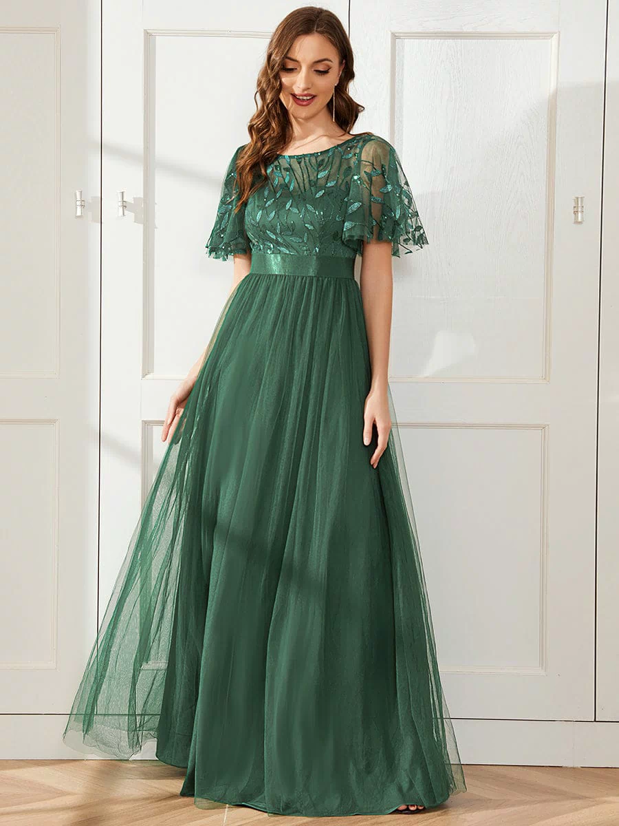Women's A-Line Sequin Leaf Maxi Prom Dress with Sleeves #color_Eucalyptus