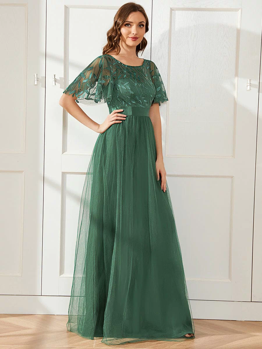 Women's A-Line Sequin Leaf Maxi Prom Dress with Sleeves #color_Eucalyptus