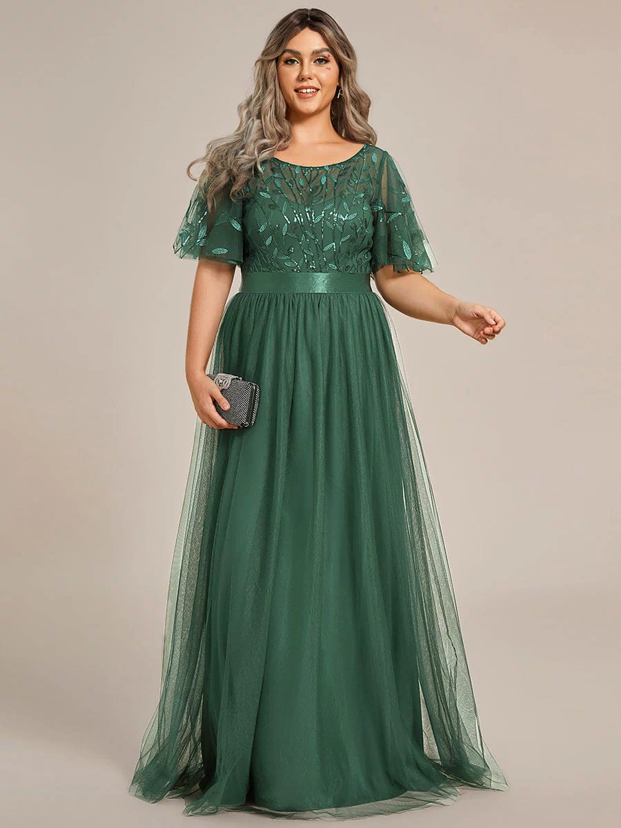 Women's A-Line Sequin Leaf Maxi Prom Dress with Sleeves #color_Eucalyptus