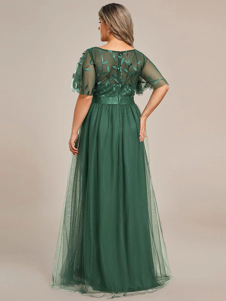 Women's A-Line Sequin Leaf Maxi Prom Dress with Sleeves #color_Eucalyptus