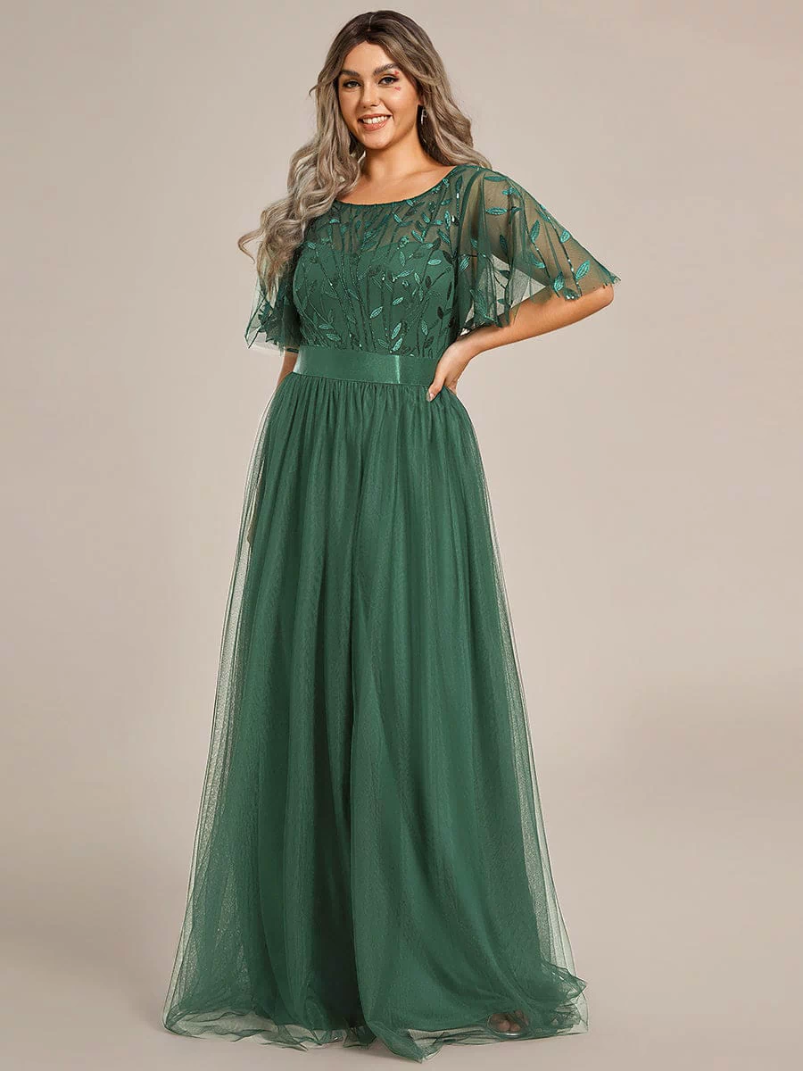 Women's A-Line Sequin Leaf Maxi Prom Dress with Sleeves #color_Eucalyptus