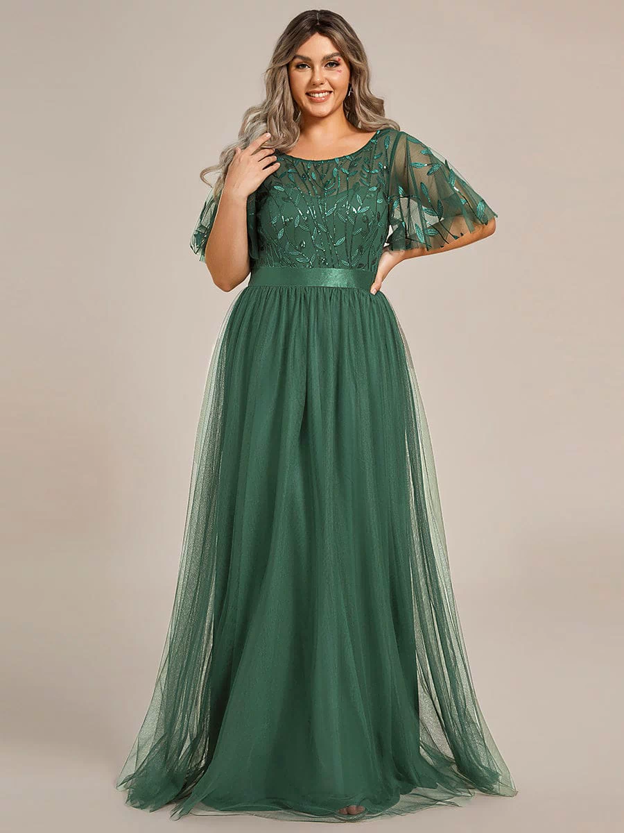 Women's A-Line Sequin Leaf Maxi Prom Dress with Sleeves #color_Eucalyptus