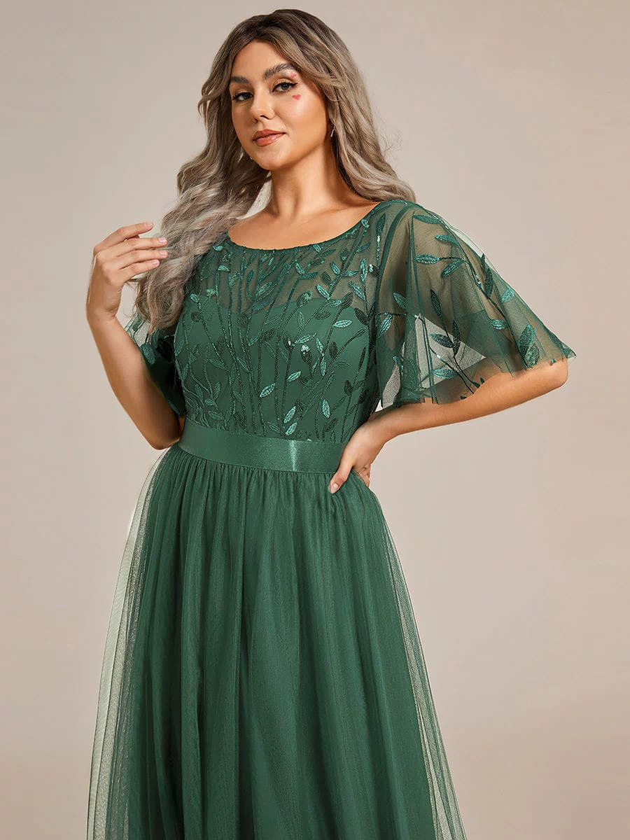 Women's A-Line Sequin Leaf Maxi Prom Dress with Sleeves #color_Eucalyptus