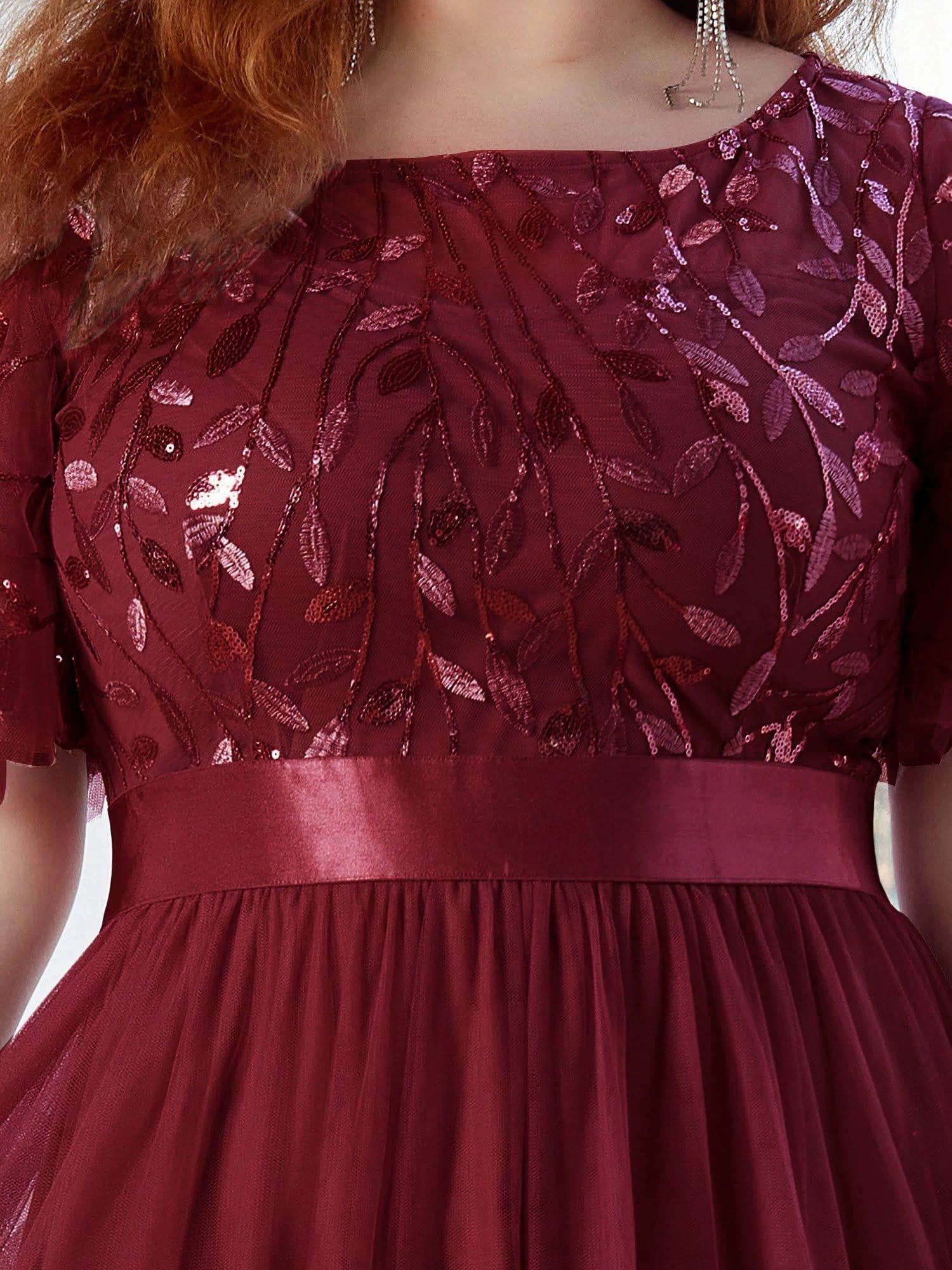 Women's A-Line Sequin Leaf Maxi Prom Dress with Sleeves #color_Burgundy 