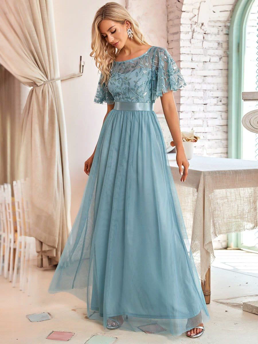 Women's A-Line Sequin Leaf Maxi Prom Dress with Sleeves #color_Light Teal 