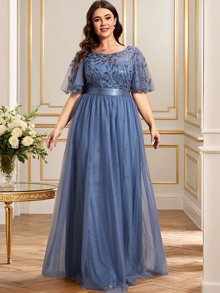 Women's A-Line Sequin Leaf Maxi Prom Dress with Sleeves #color_Dusty Blue