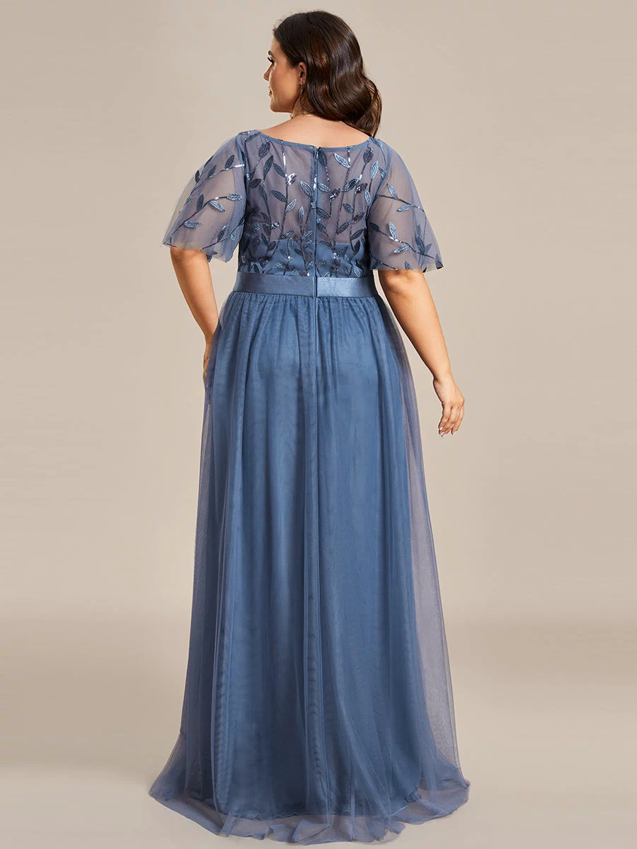 Women's A-Line Sequin Leaf Maxi Prom Dress with Sleeves #color_Dusty Blue