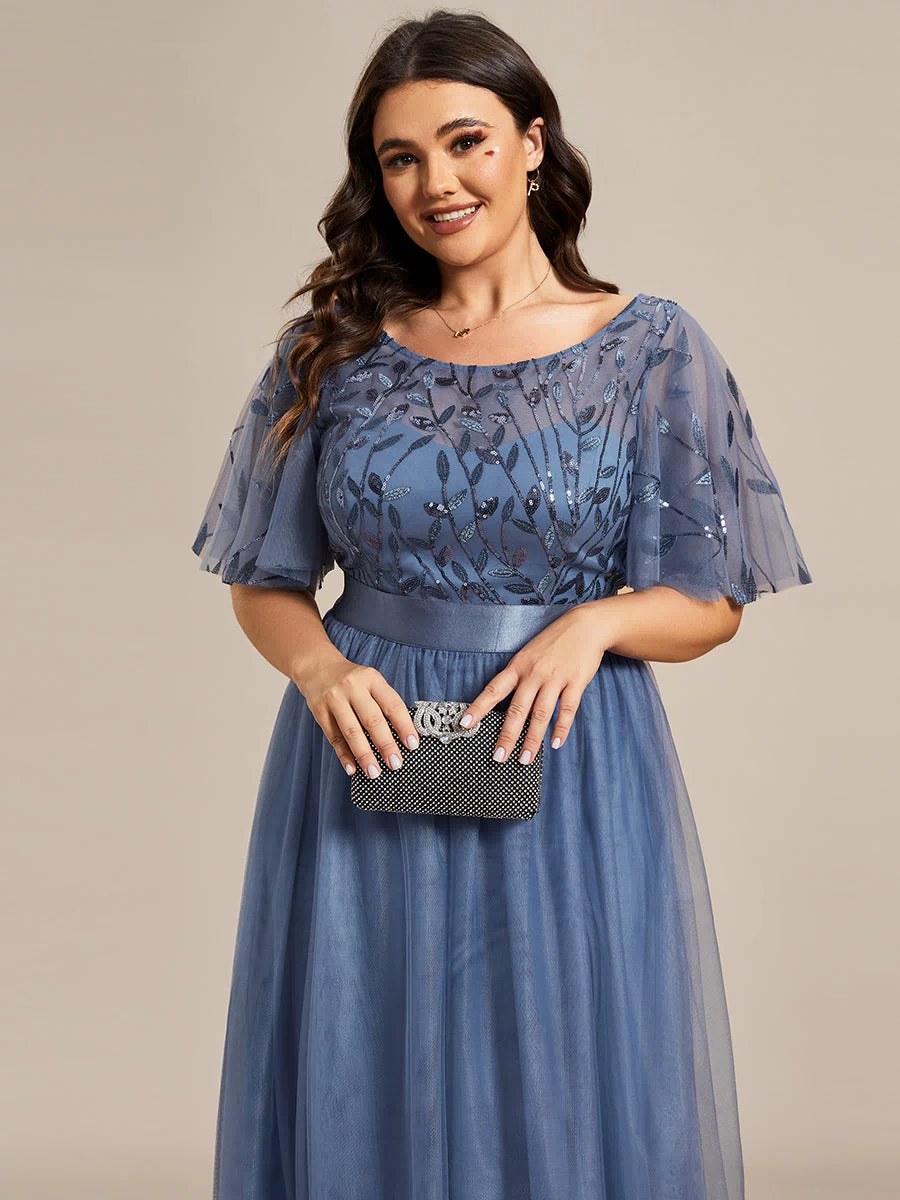 Women's A-Line Sequin Leaf Maxi Prom Dress with Sleeves #color_Dusty Blue