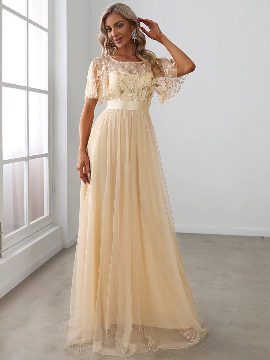 Women's A-Line Sequin Leaf Maxi Prom Dress with Sleeves #color_Gold