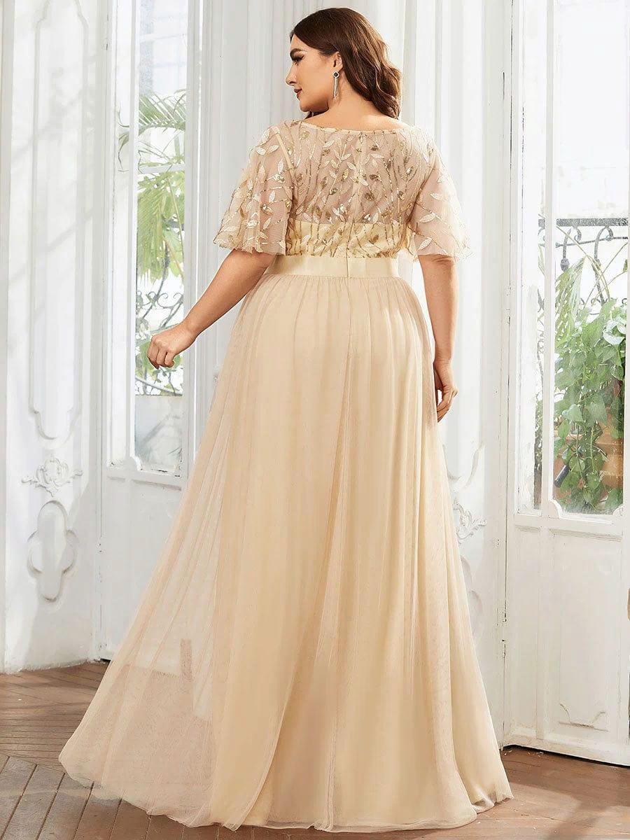 Women's A-Line Sequin Leaf Maxi Prom Dress with Sleeves #color_Gold
