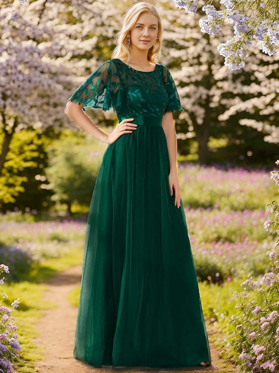 Women's A-Line Sequin Leaf Maxi Prom Dress with Sleeves #color_Dark Green