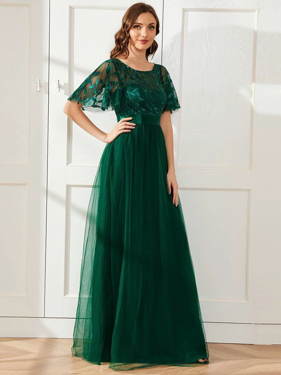 Women's A-Line Sequin Leaf Maxi Prom Dress with Sleeves #color_Dark Green