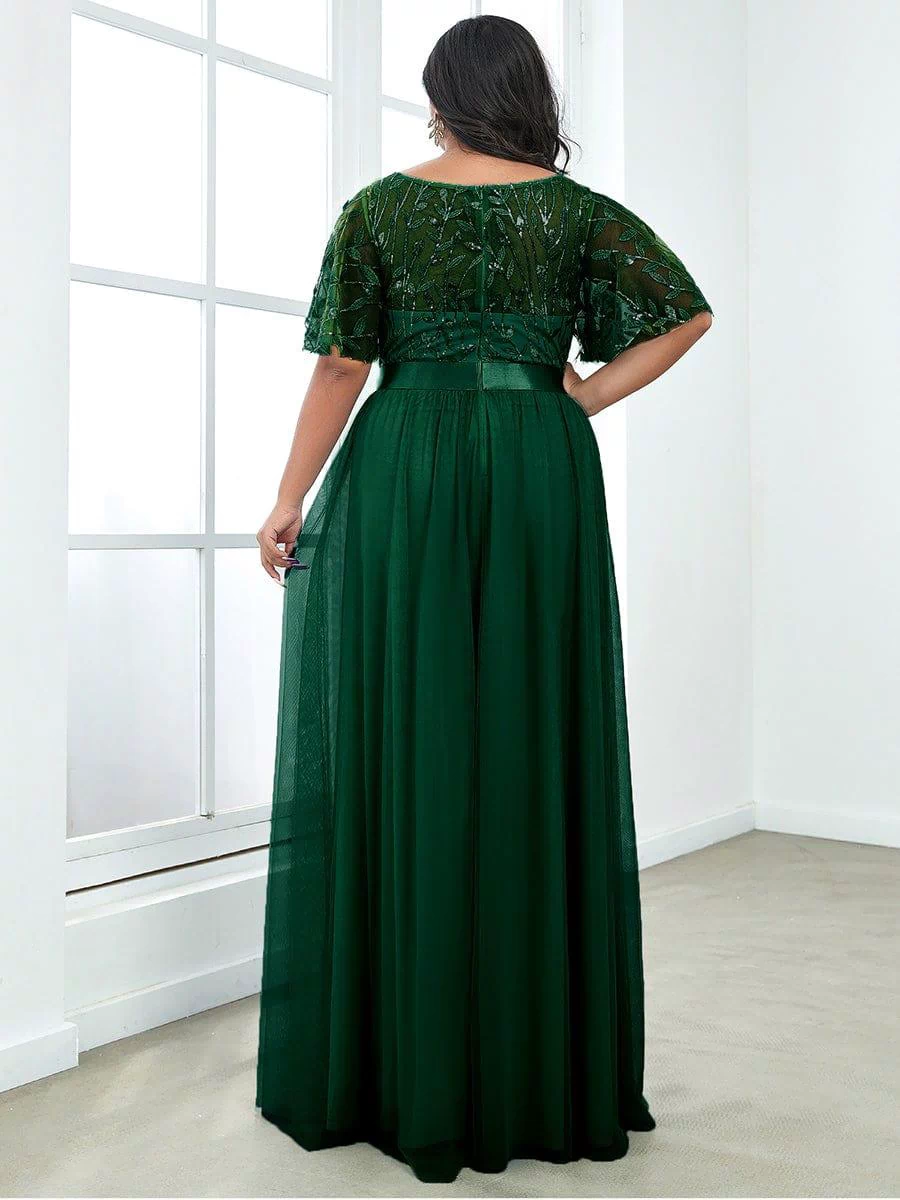 Women's A-Line Sequin Leaf Maxi Prom Dress with Sleeves #color_Dark Green