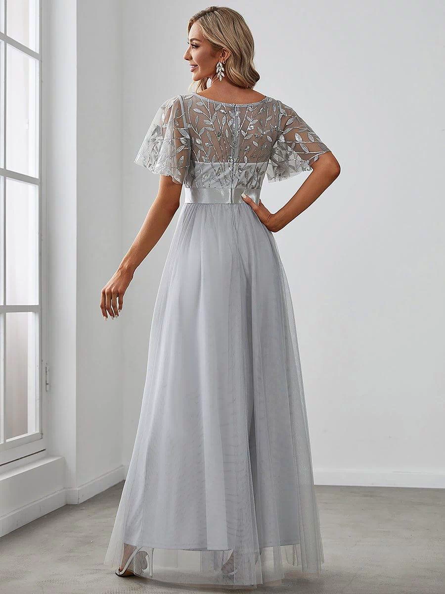 Women's A-Line Sequin Leaf Maxi Prom Dress with Sleeves #color_Grey