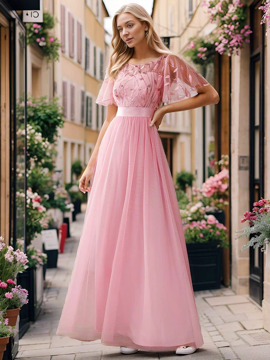 Women's A-Line Sequin Leaf Maxi Prom Dress with Sleeves #color_Pink