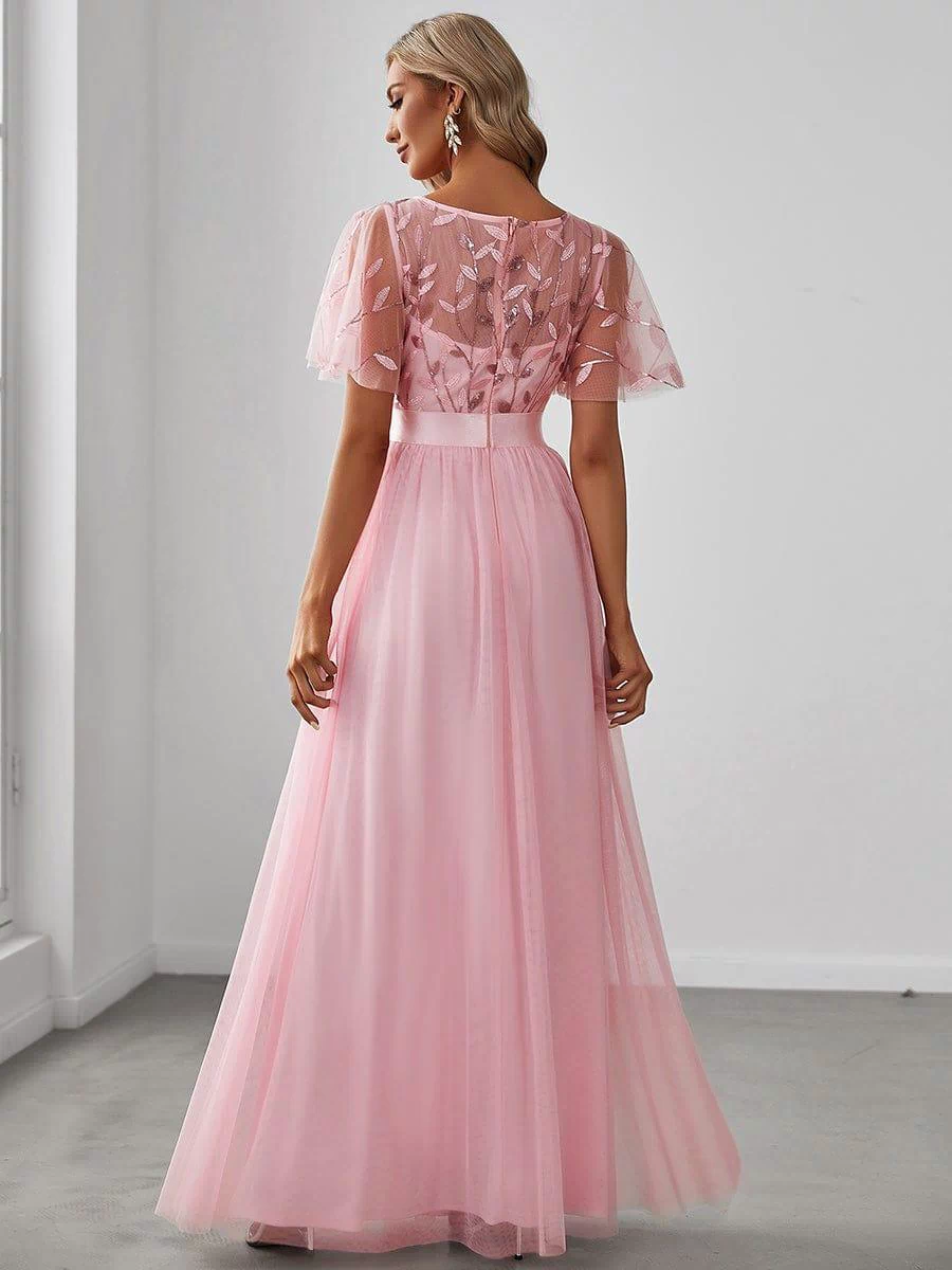 Women's A-Line Sequin Leaf Maxi Prom Dress with Sleeves #color_Pink