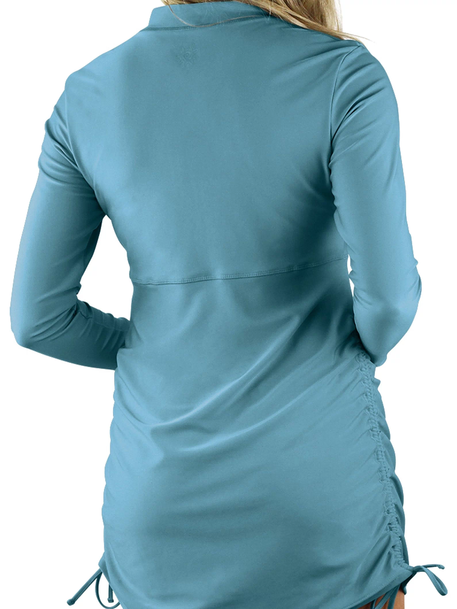 back of the women's swim dress in lagoon|lagoon