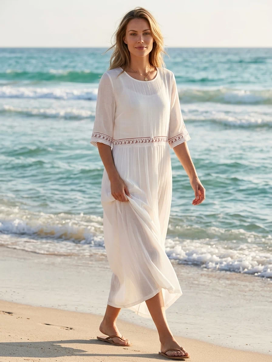 3/4 Sleeve Midi Dress with Crochet Trim