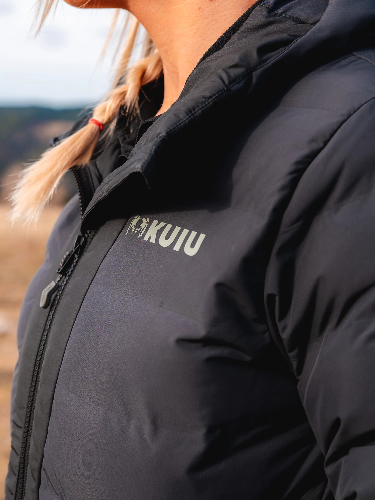 KUIU Logo on left upper chest of Elements Hooded Jacket in Gunmetal
