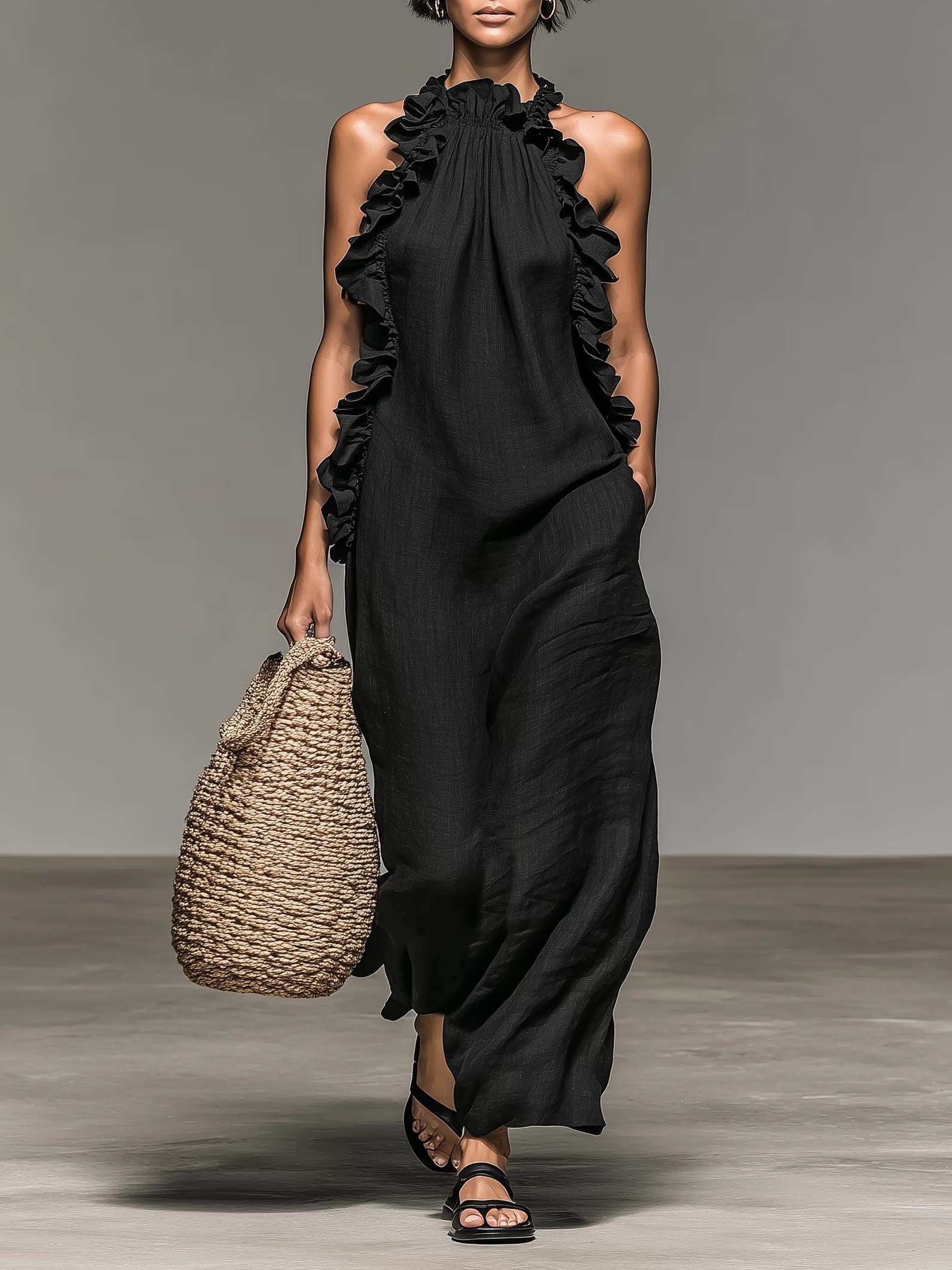 Women's Minimalist Linen-blend Sleeveless Maxi Dress With Ruffle Details MDZ1622A0Y