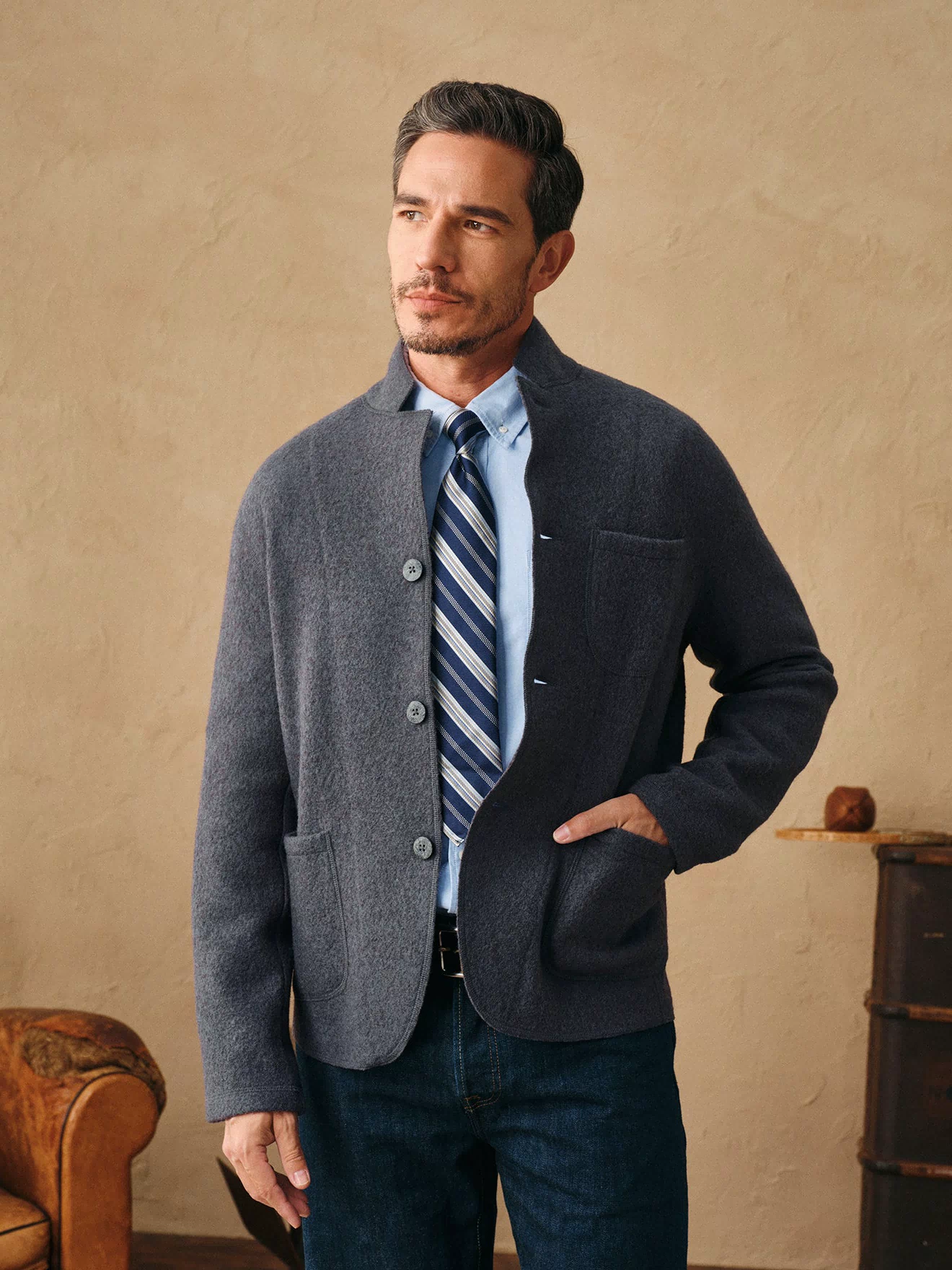 Gray felted wool chore coat button-front jacket with stand collar
