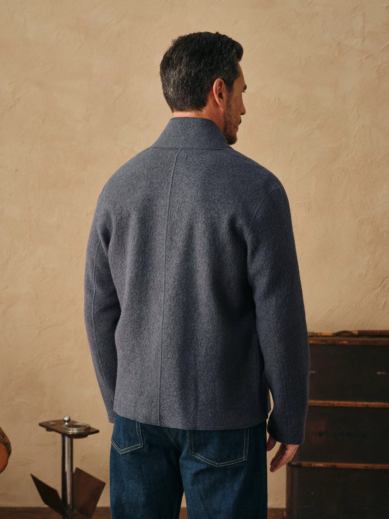 Gray felted wool chore coat back view, full shoulders and seam lines