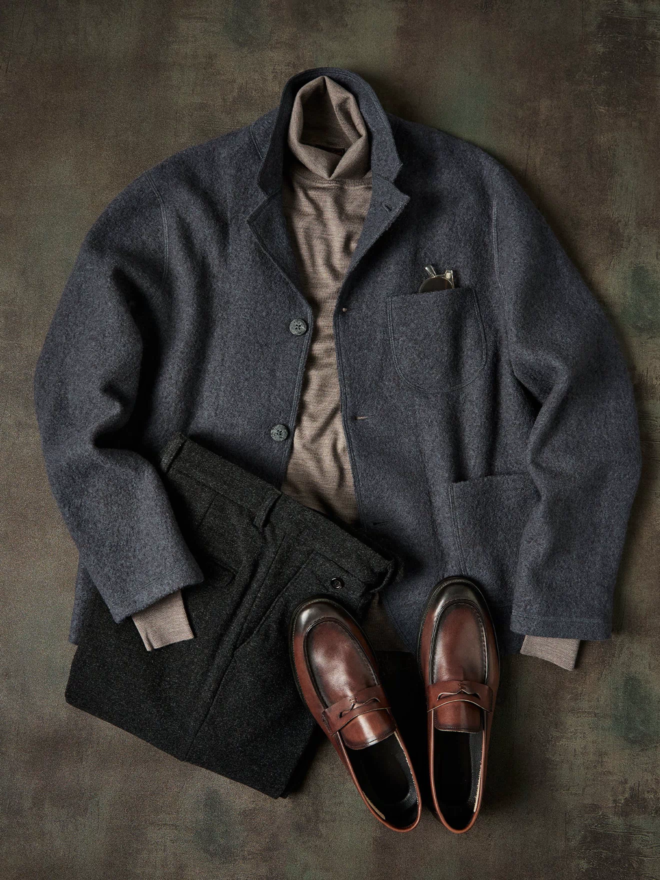 Gray felted wool chore coat with button-front and chest pocket