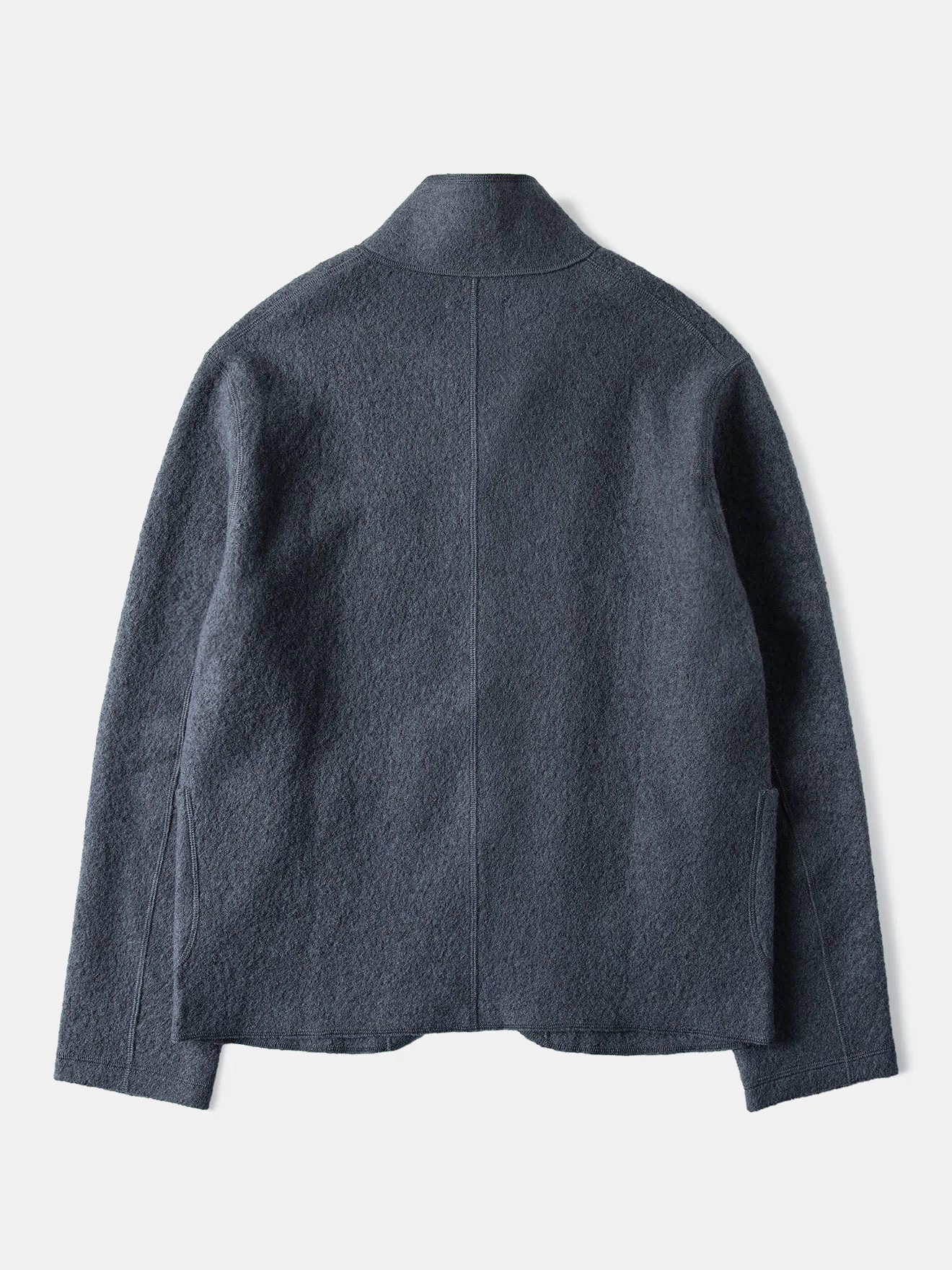 Gray wool felted chore coat, back view with stand collar and center seam detail