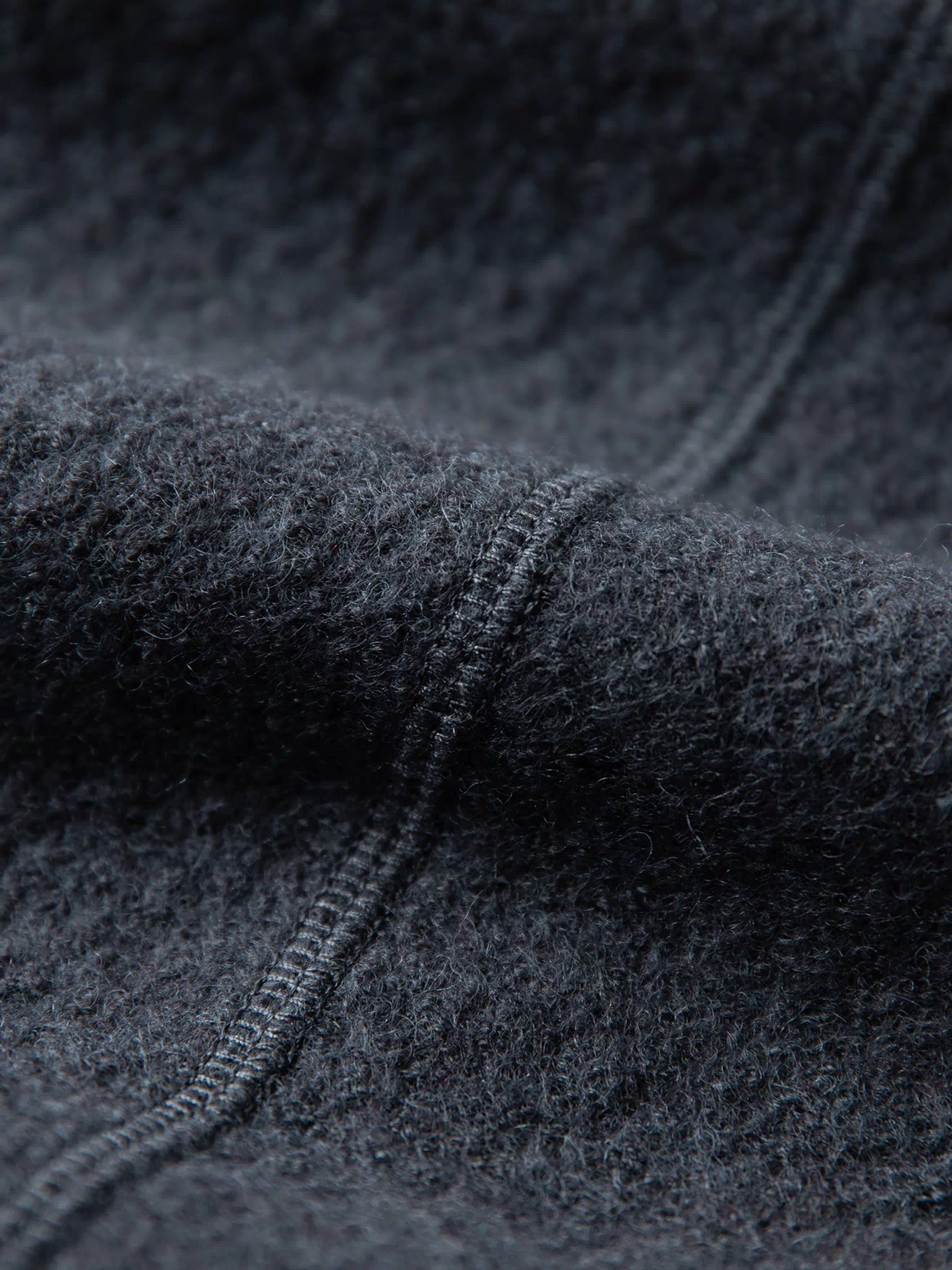 Gray felted wool chore coat stitched seam and pocket edge detail