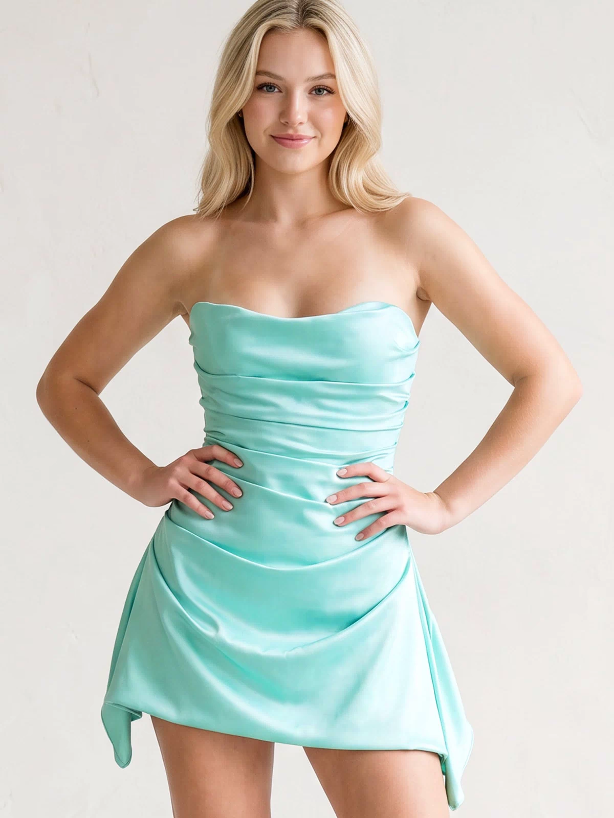 Aqua Strapless Sheath Irregular Hem Satin Short Homecoming & Cocktail Dress | KISSPROM