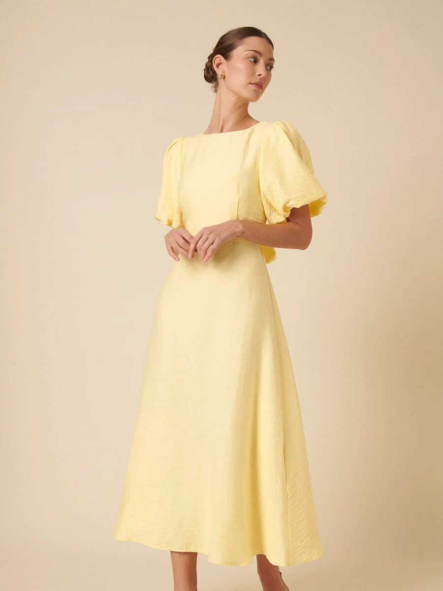 Butter Yellow Puff Sleeve Zola Midi Dress