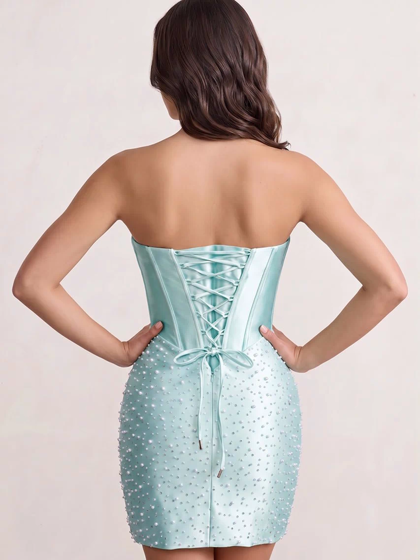 Aqua Sweetheart Sheath Satin Corset Homecoming Dress With Pearl | KISSPROM
