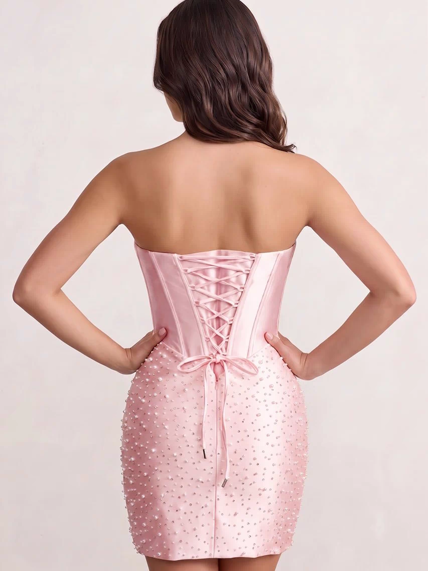 Pink Sweetheart Sheath Satin Corset Homecoming Dress With Pearl | KISSPROM
