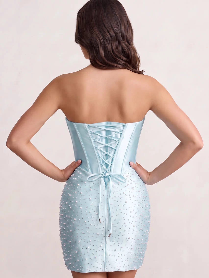 Sky Blue Sweetheart Sheath Satin Corset Homecoming Dress With Pearl | KISSPROM