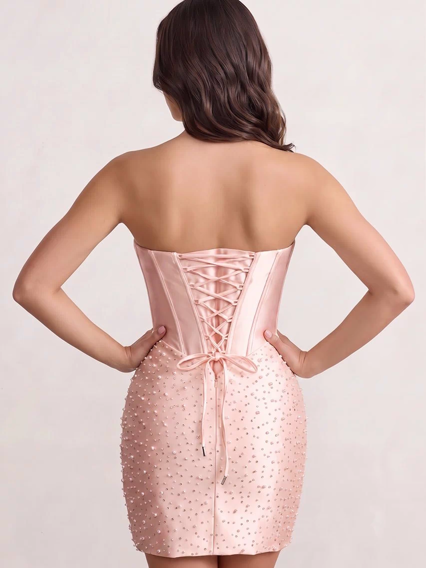 Blush Pink Sweetheart Sheath Satin Corset Homecoming Dress With Pearl | KISSPROM