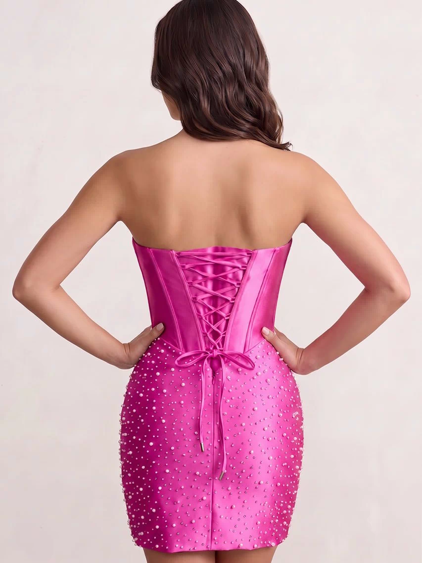 Fuchsia Sweetheart Sheath Satin Corset Homecoming Dress With Pearl (2) | KISSPROM