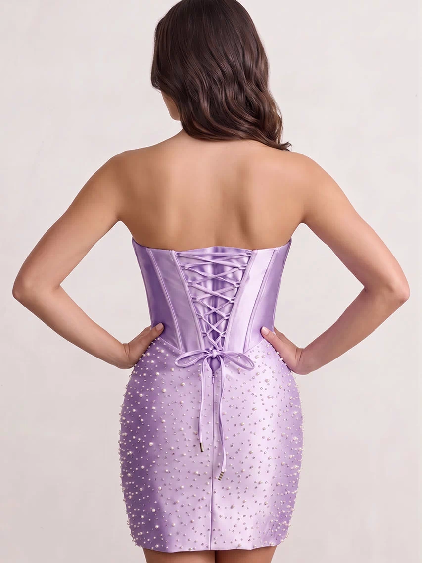 Lavender Sweetheart Sheath Satin Corset Homecoming Dress With Pearl | KISSPROM