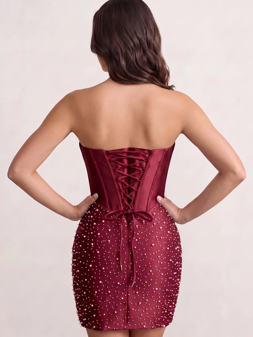 Burgundy Sweetheart Sheath Satin Corset Homecoming Dress With Pearl | KISSPROM