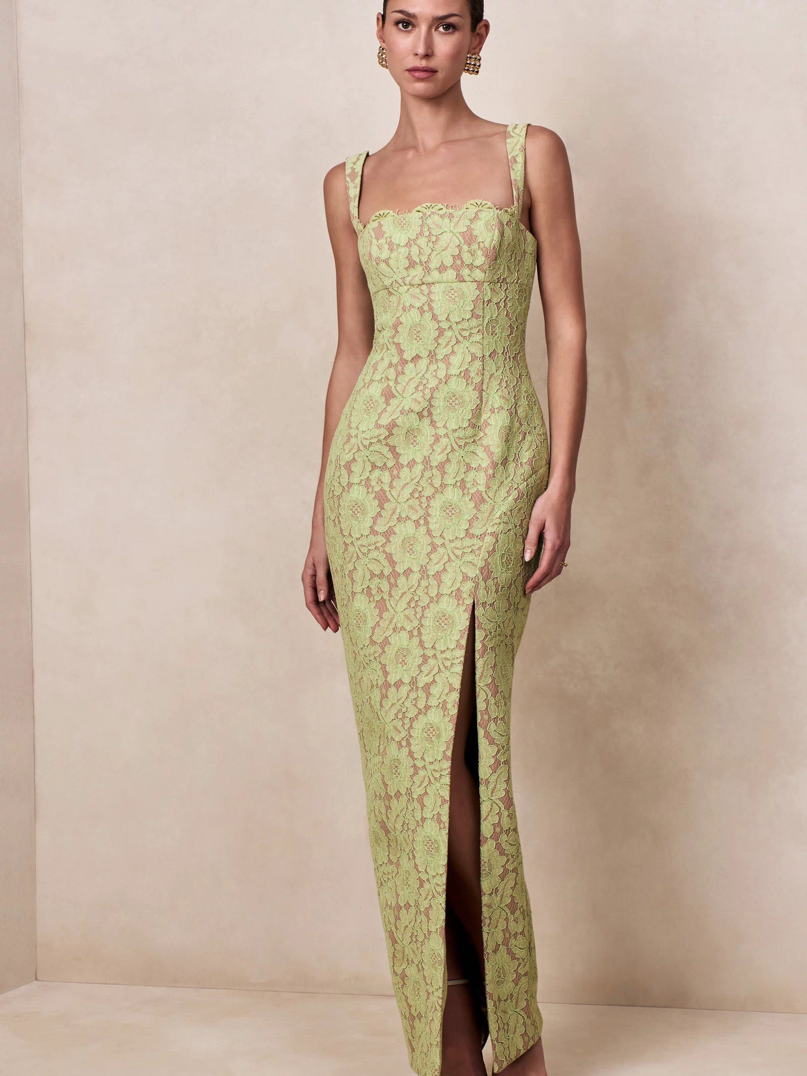 Zarisse | Green Lace Square Neck Maxi Dress With Split