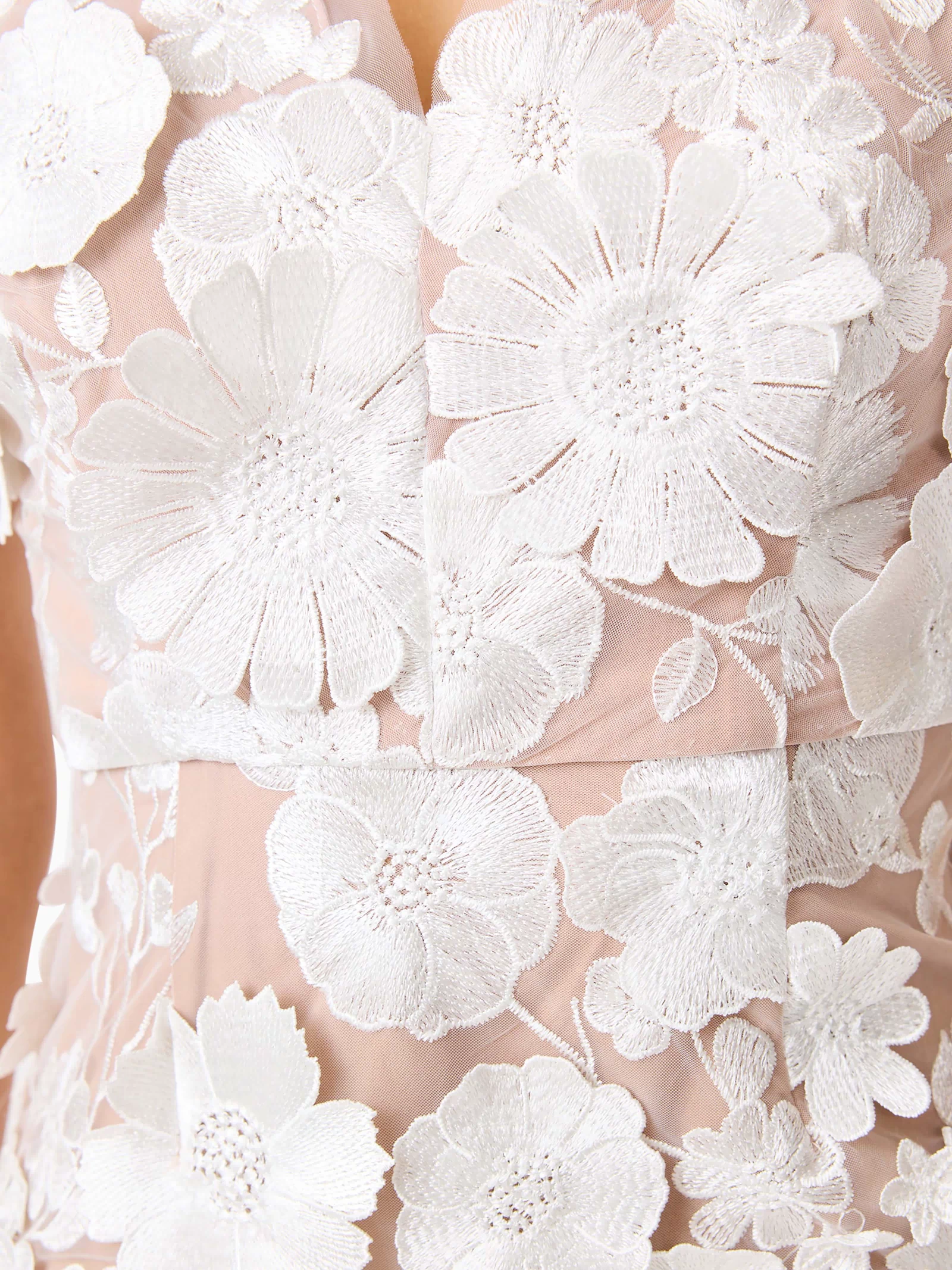 Brunette model wearing Zayla 3D Floral Mini Dress detail shot