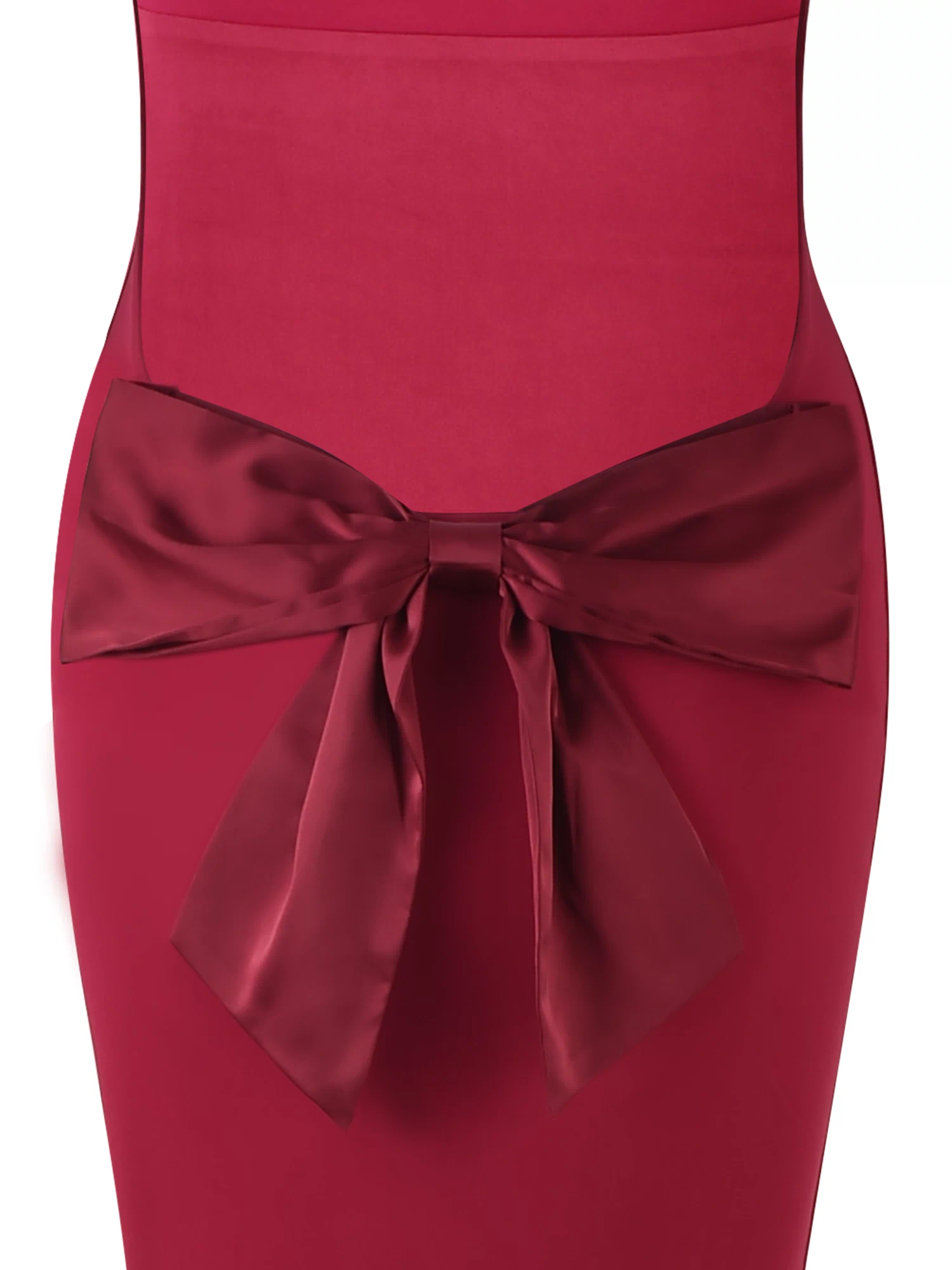 A close-up of the TIGERMIST ZITA DRESS - RED : SALSA : DEEP RED, a bodycon maxi dress detailed with a large, shiny satin waist bow.